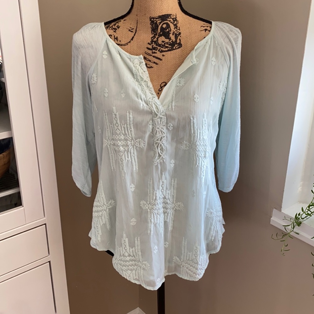 Anthropologie Light Blue Embroidered Peasant Blouse